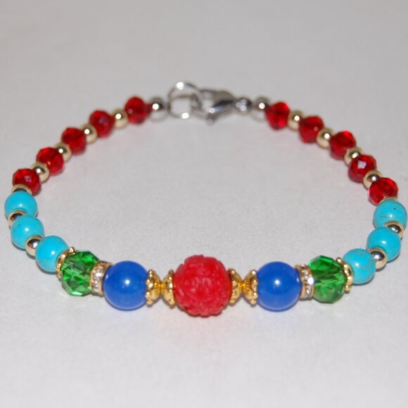 Multicolor Bracelet,Carved Charm,Stone and Glass Beads,Clasp Closure Bracelet - Picture 1 of 2